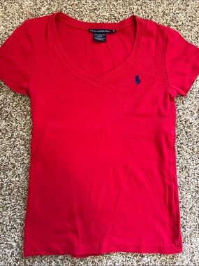 Ralph Lauren Red V-Neck Tee with Navy Pony